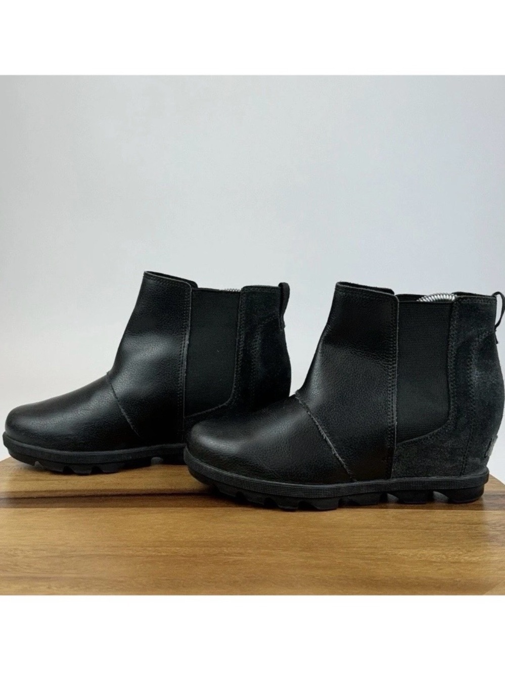 Womens Sorel Joan of Arctic II Black Shimmer Leather Suede Chelsea Wedge Boots 4